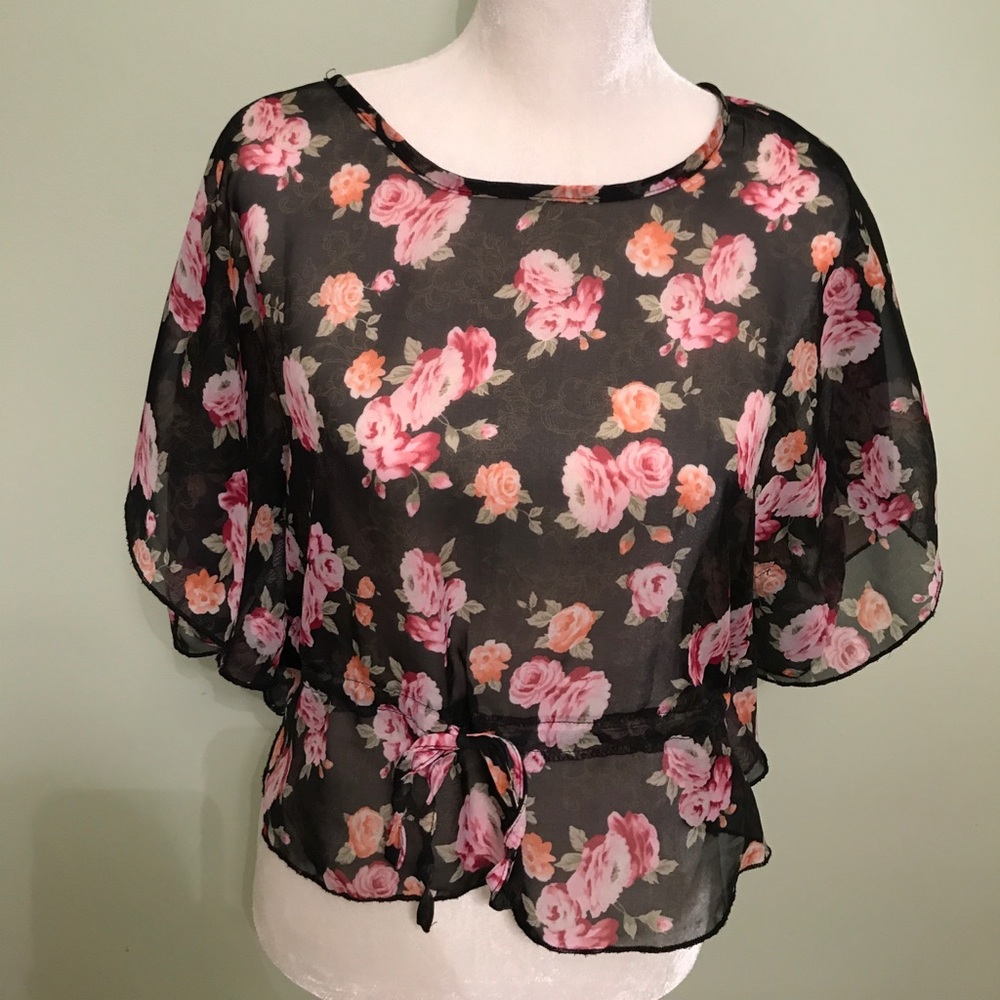 Black Sheer Floral Pattern Blouse